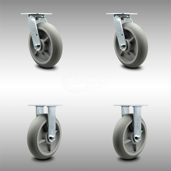 8 Inch SS Thermoplastic Rubber Caster Set with Ball Bearing 2 Swivel 2 Rigid SCC